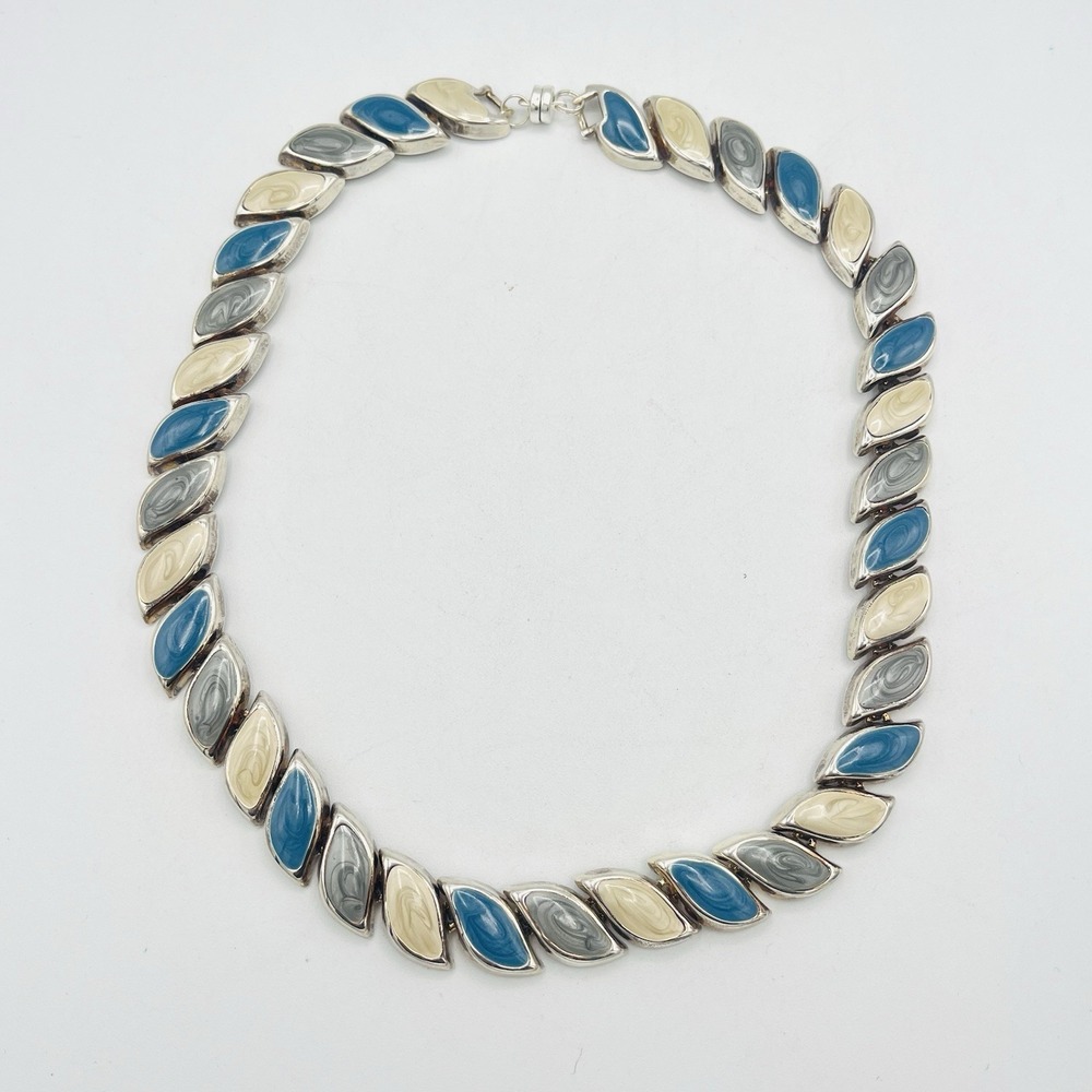 Vintage Blue Enamel Leaf Leaves Necklace Gray Cream Silver